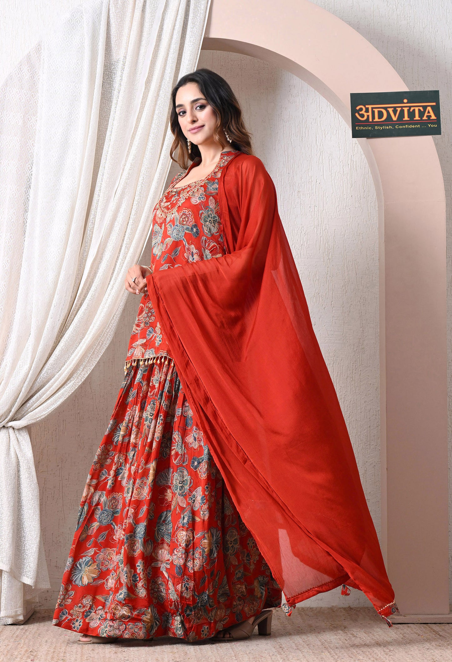 Advita Red Floral Chinon Skirt Set for Women