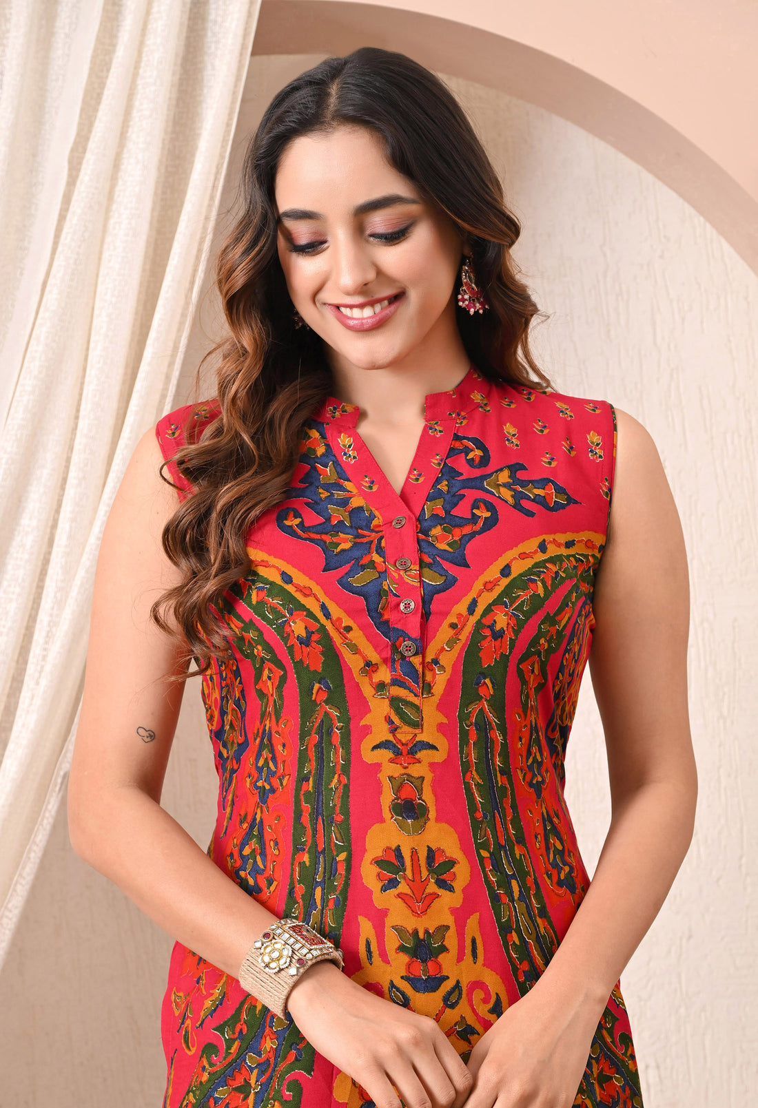Advita Red Kalamkari Print Rayon Cotton Kurta Set for Women