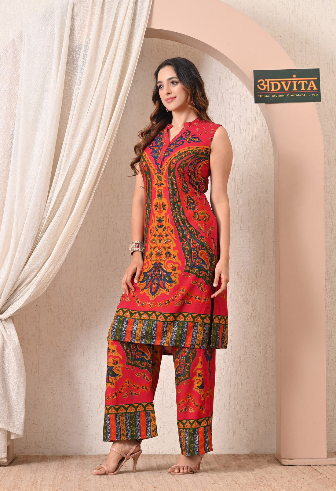 Advita Red Kalamkari Print Rayon Cotton Kurta Set for Women