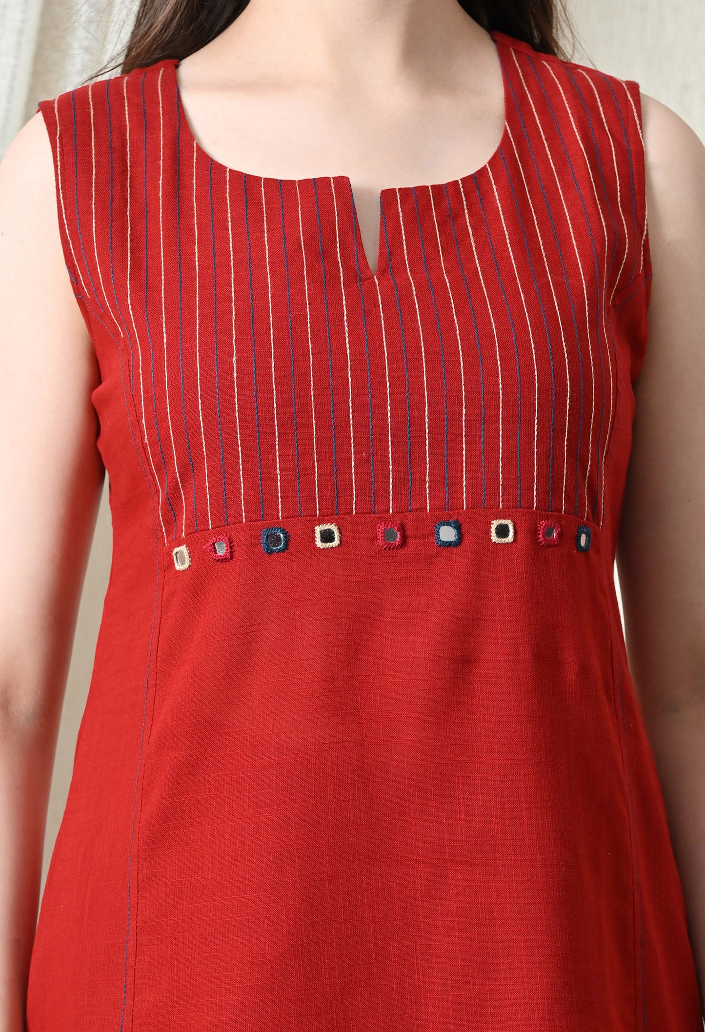 Advita Red Mirror Work Pure Cotton A-Line Kurta Set for Women