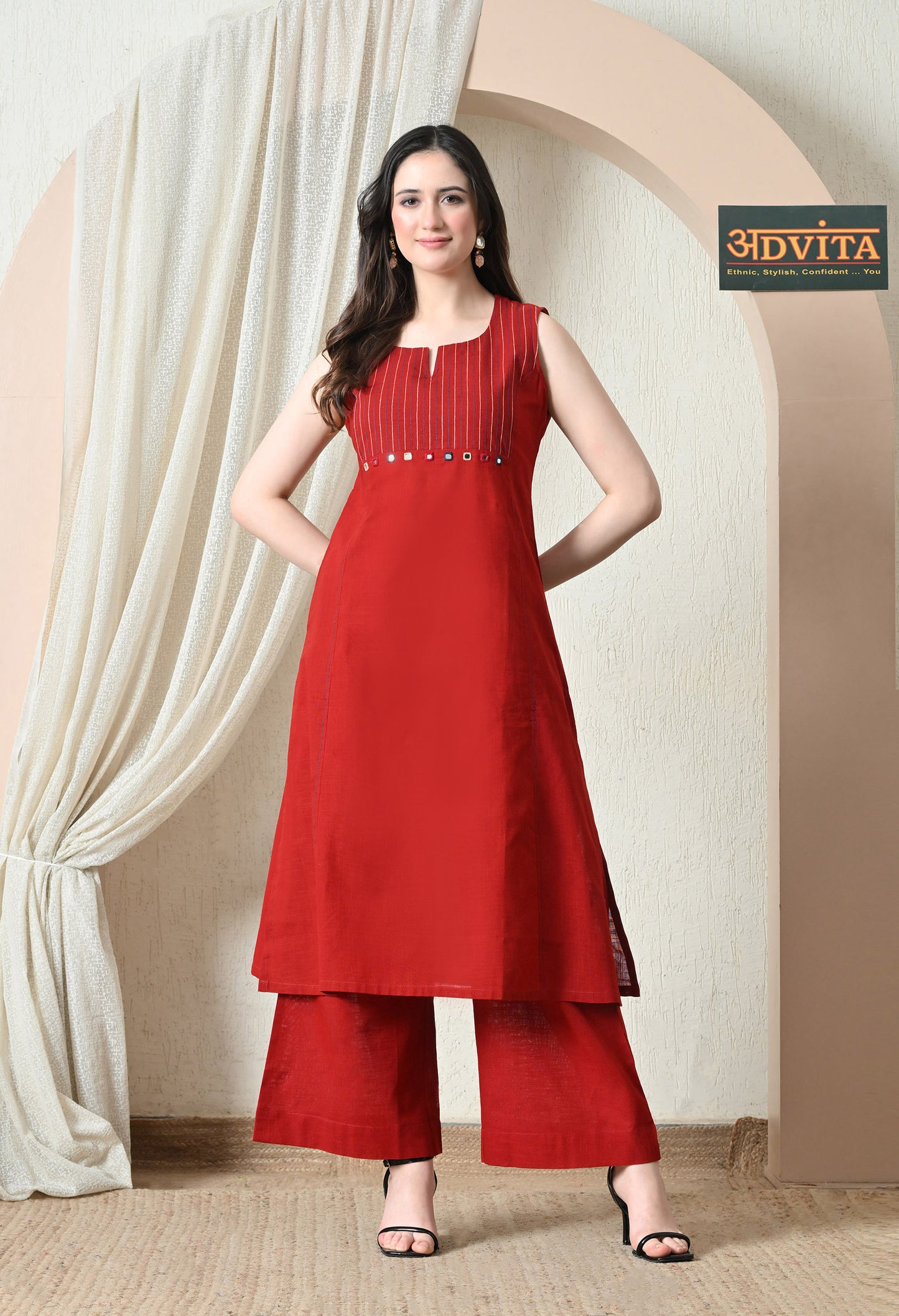 Advita Red Mirror Work Pure Cotton A-Line Kurta Set for Women