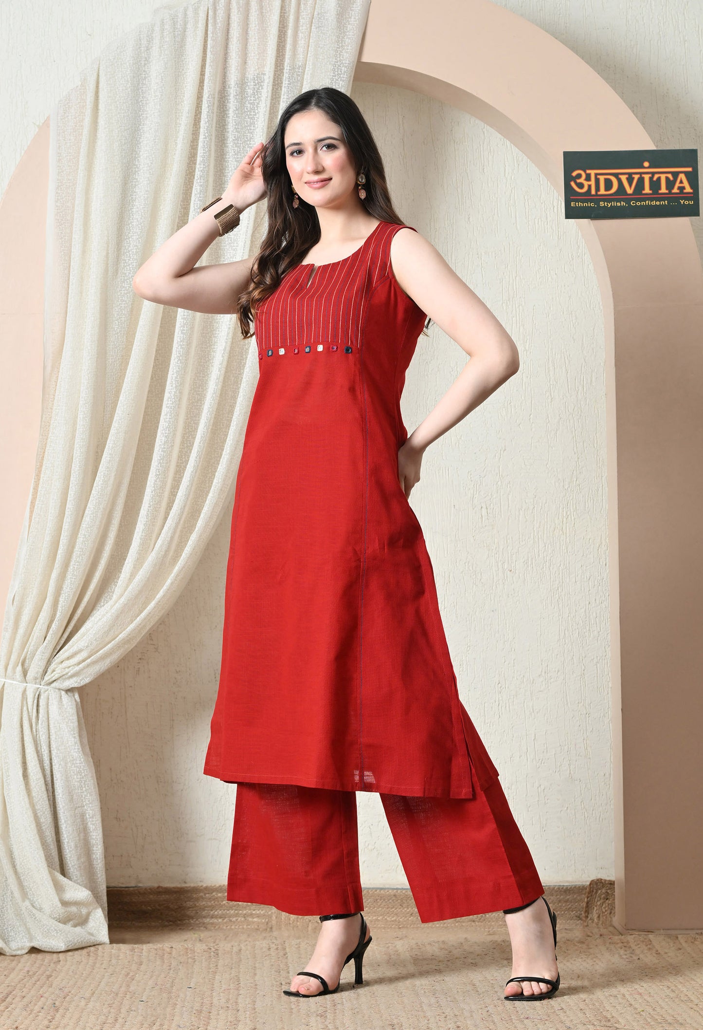 Advita Red Mirror Work Pure Cotton A-Line Kurta Set for Women