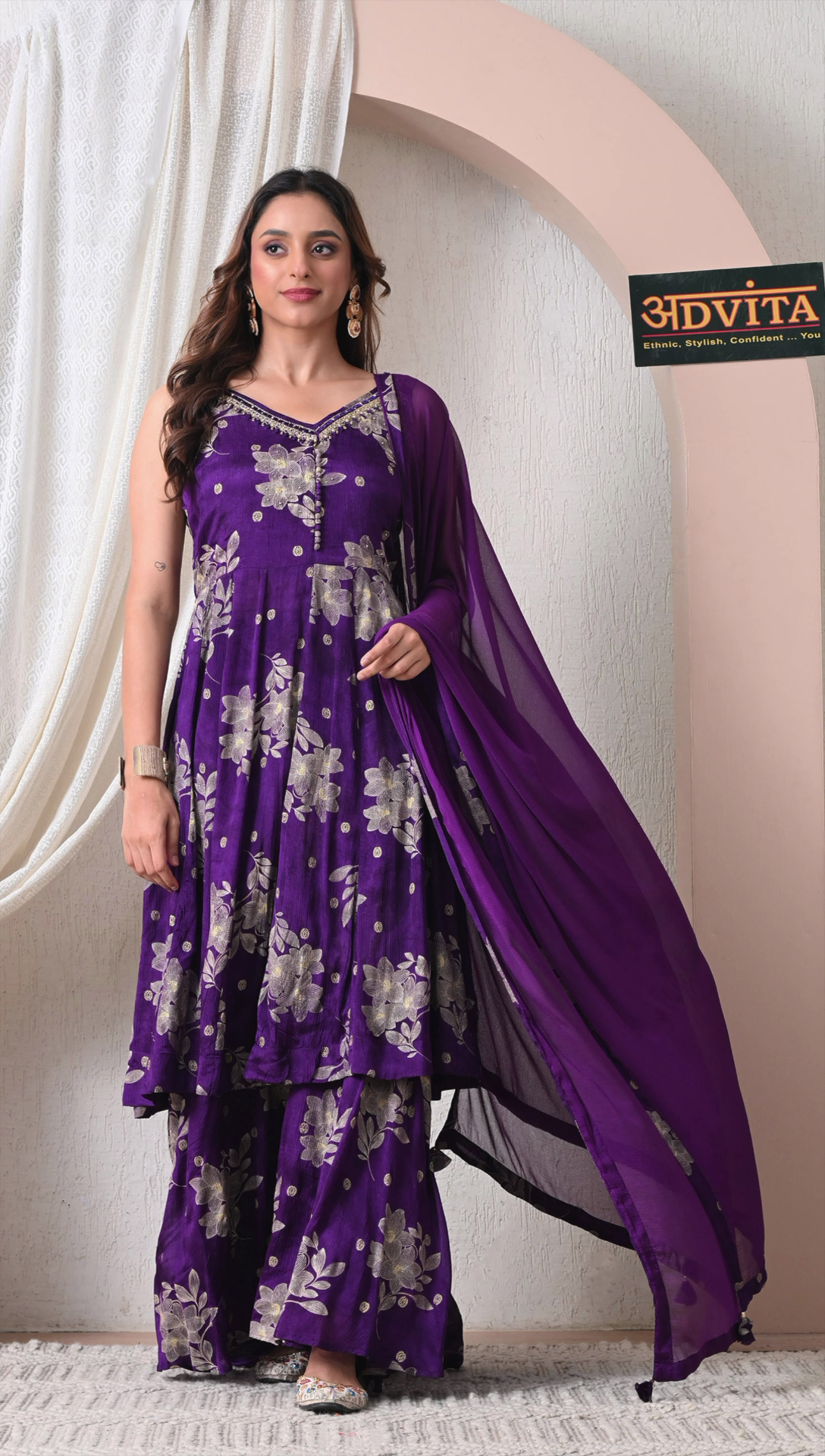 Full look of royal purple party wear sharara set for women