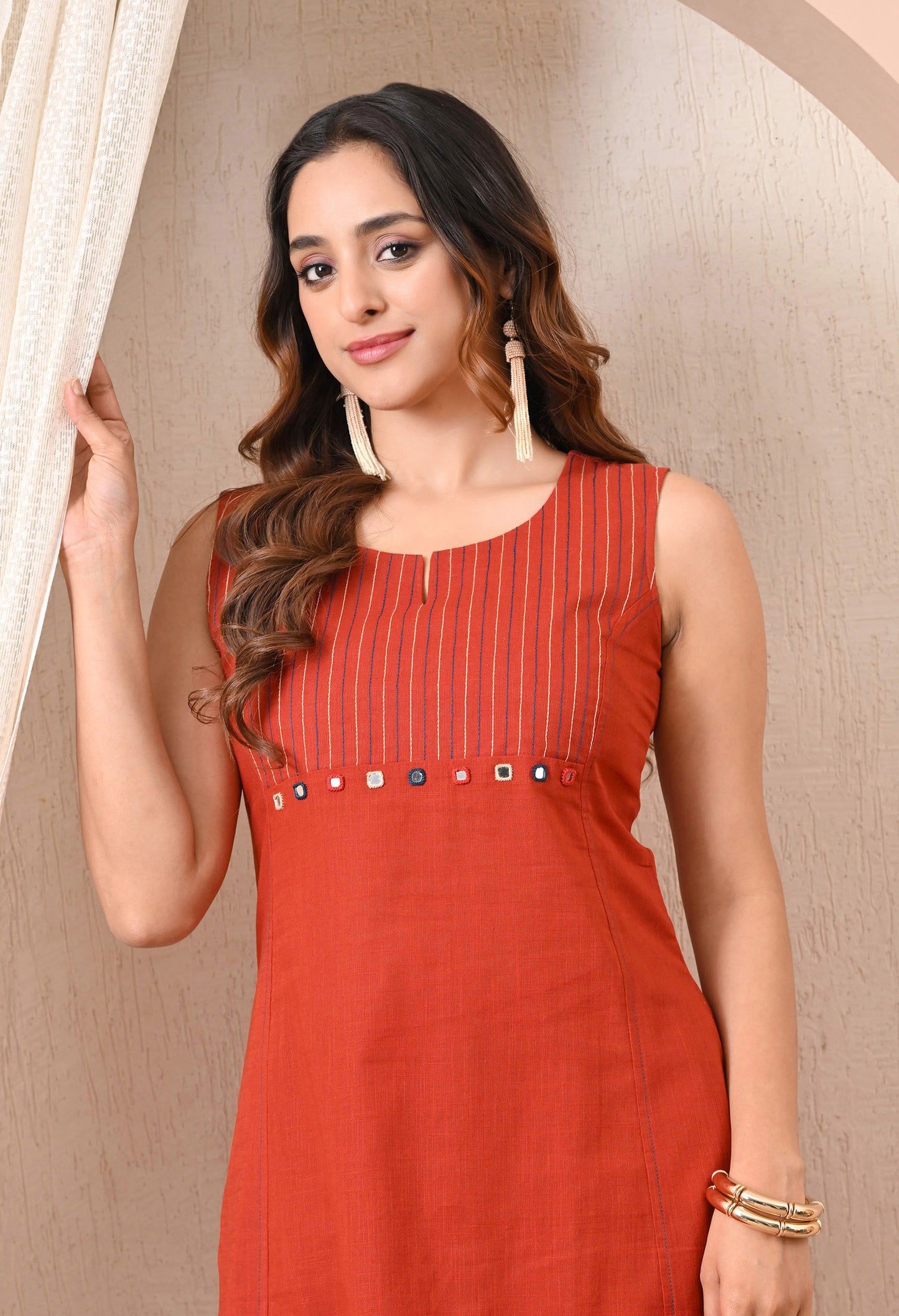 Advita Rust Mirror Work Pure Cotton A-Line Kurta Set for Women