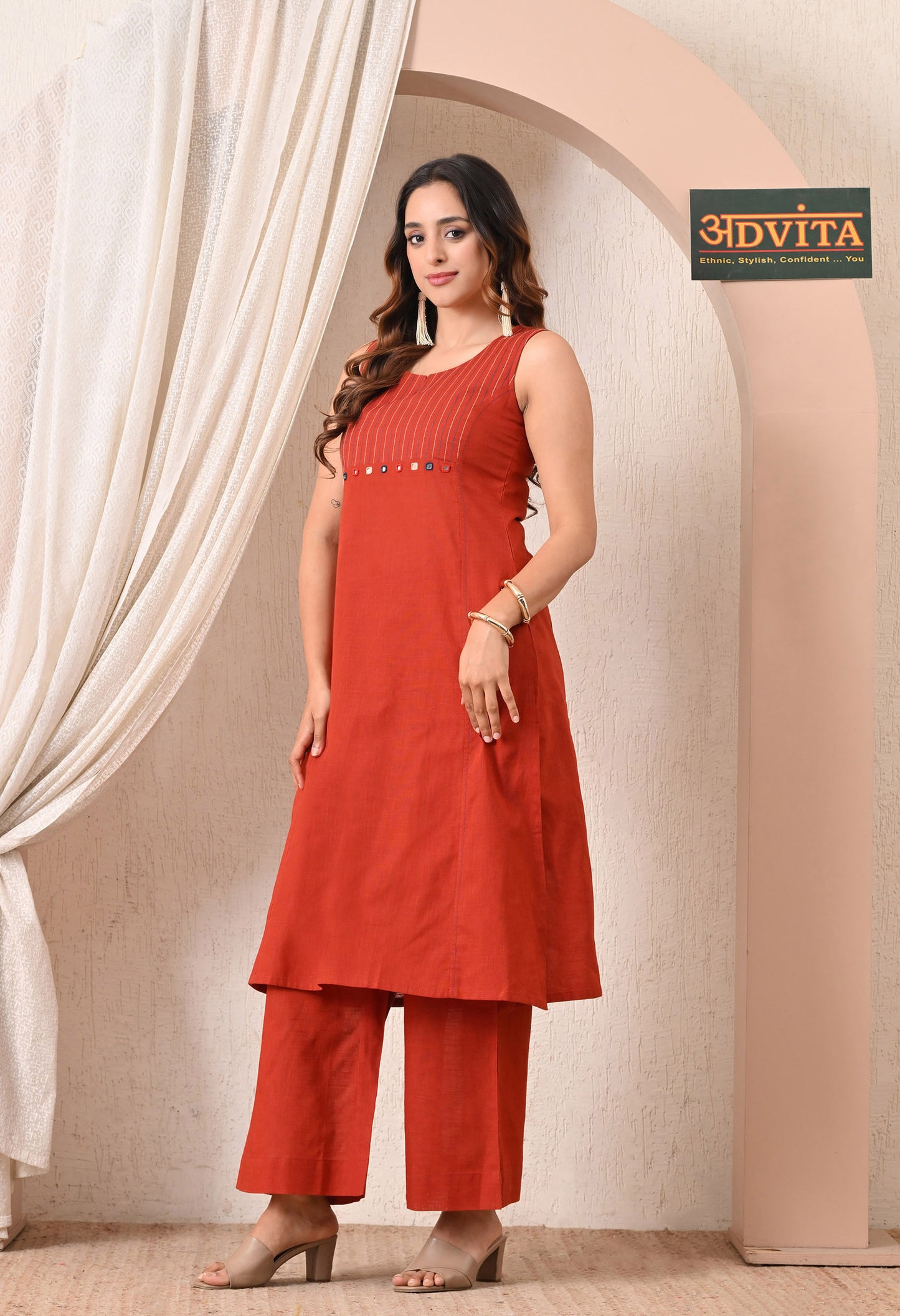 Advita Rust Mirror Work Pure Cotton A-Line Kurta Set for Women