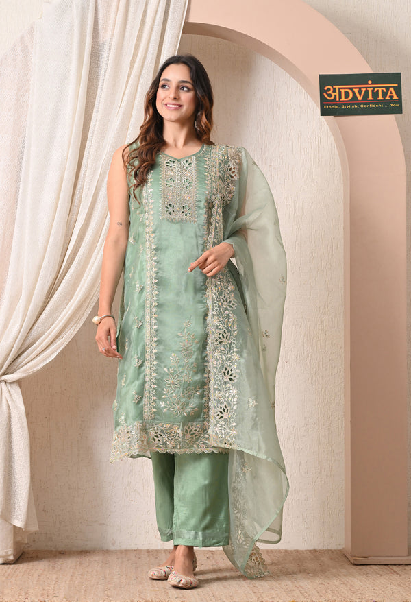 Advita Embroidered Organza Cutwork Tissue Silk Party Wear Suit for Women in Sage green