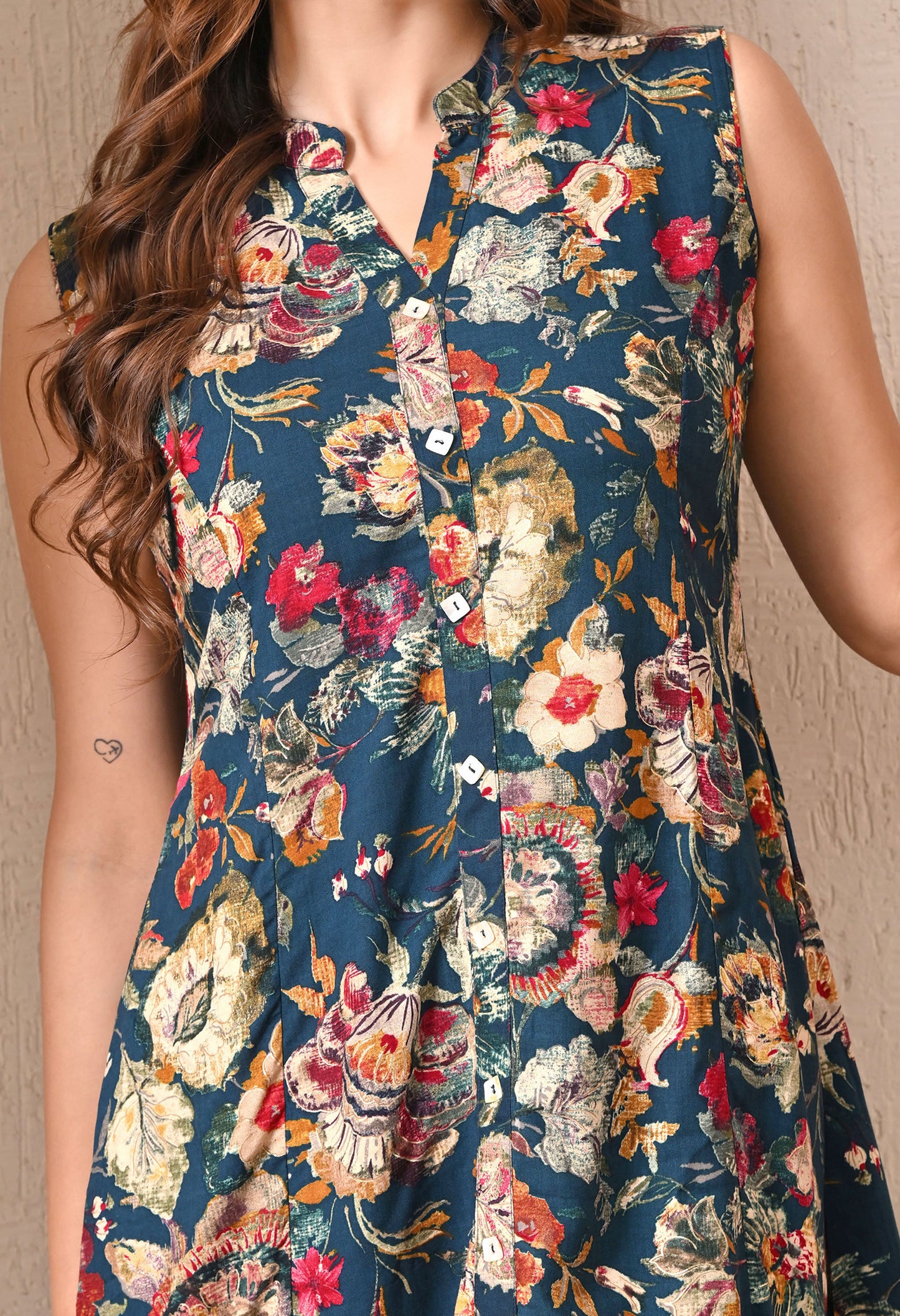 Advita Teal Floral Print Rayon A-Line Long Kurta Set with Palazzo Pants