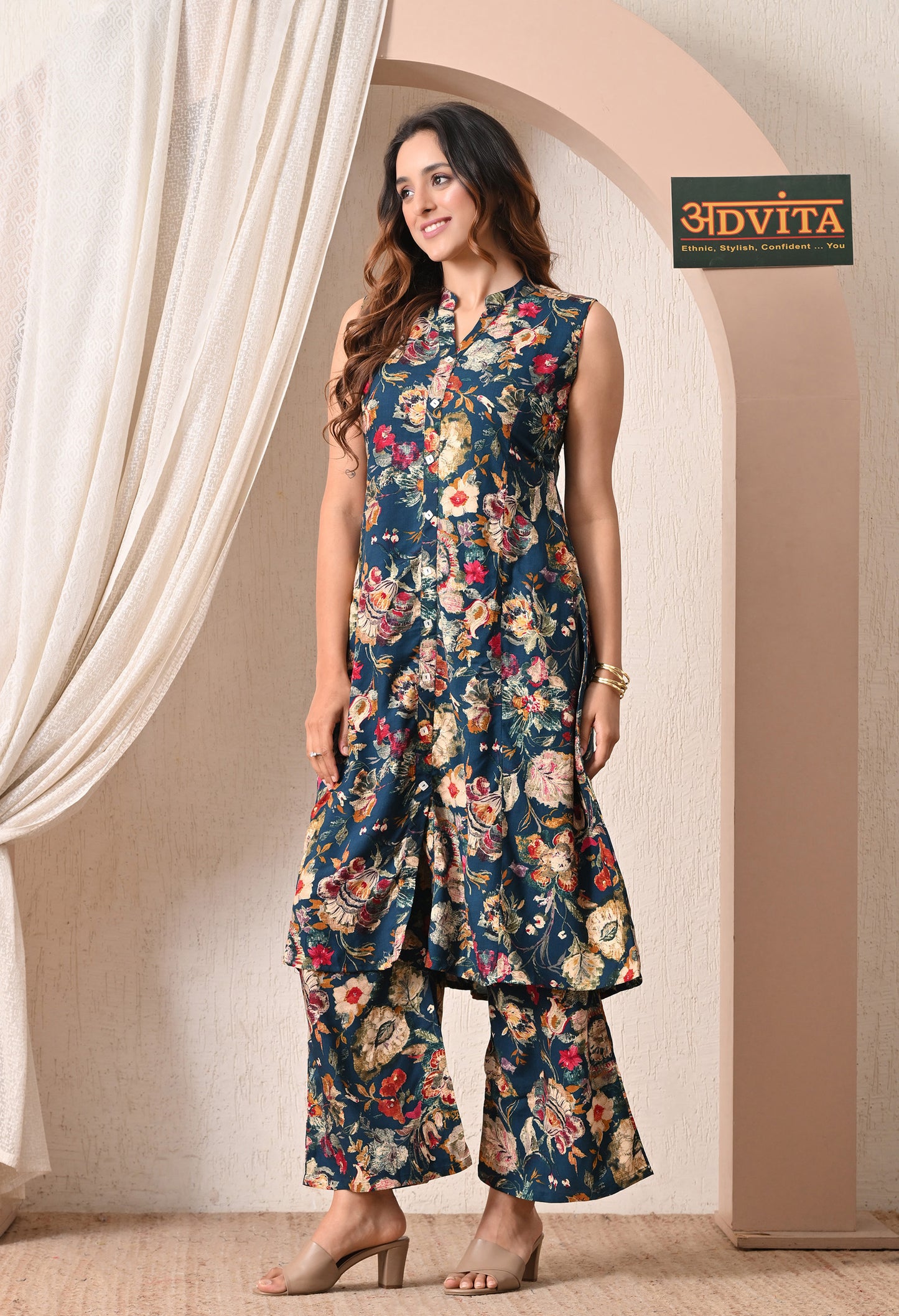 Advita Teal Floral Print Rayon A-Line Long Kurta Set with Palazzo Pants
