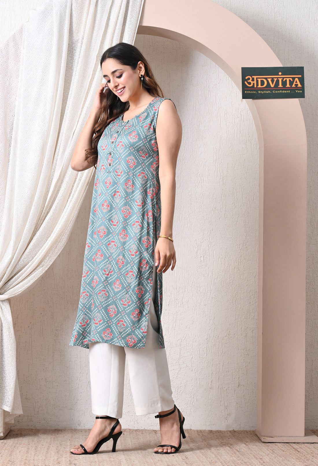 Advita Teal Floral Block Print Straight Kurti for women – view 2