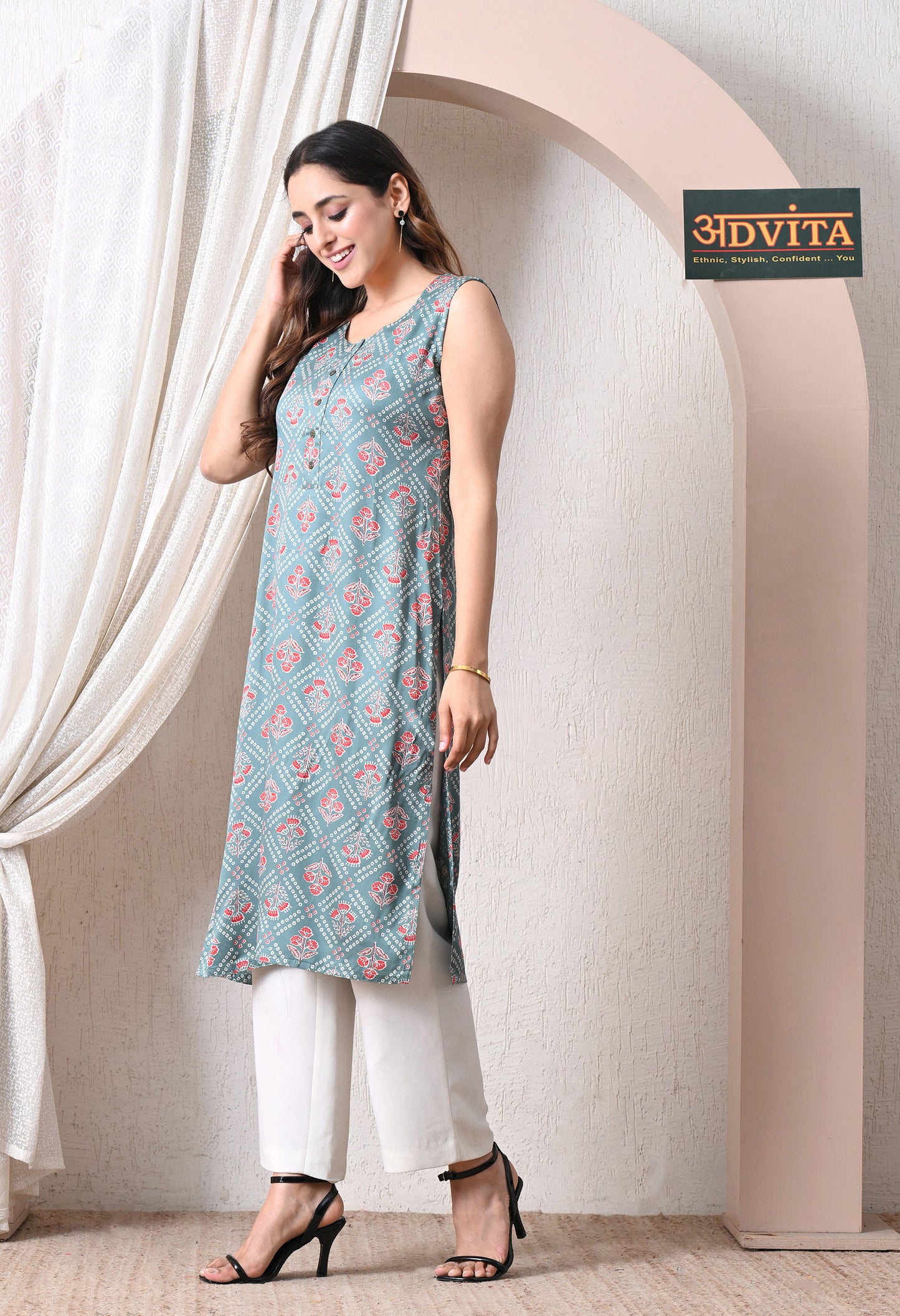 Advita Teal Floral Block Print Straight Kurti for Women
