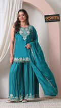 Advita Teal Green Chinon Party Wear Sharara Suit Set with Dupatta