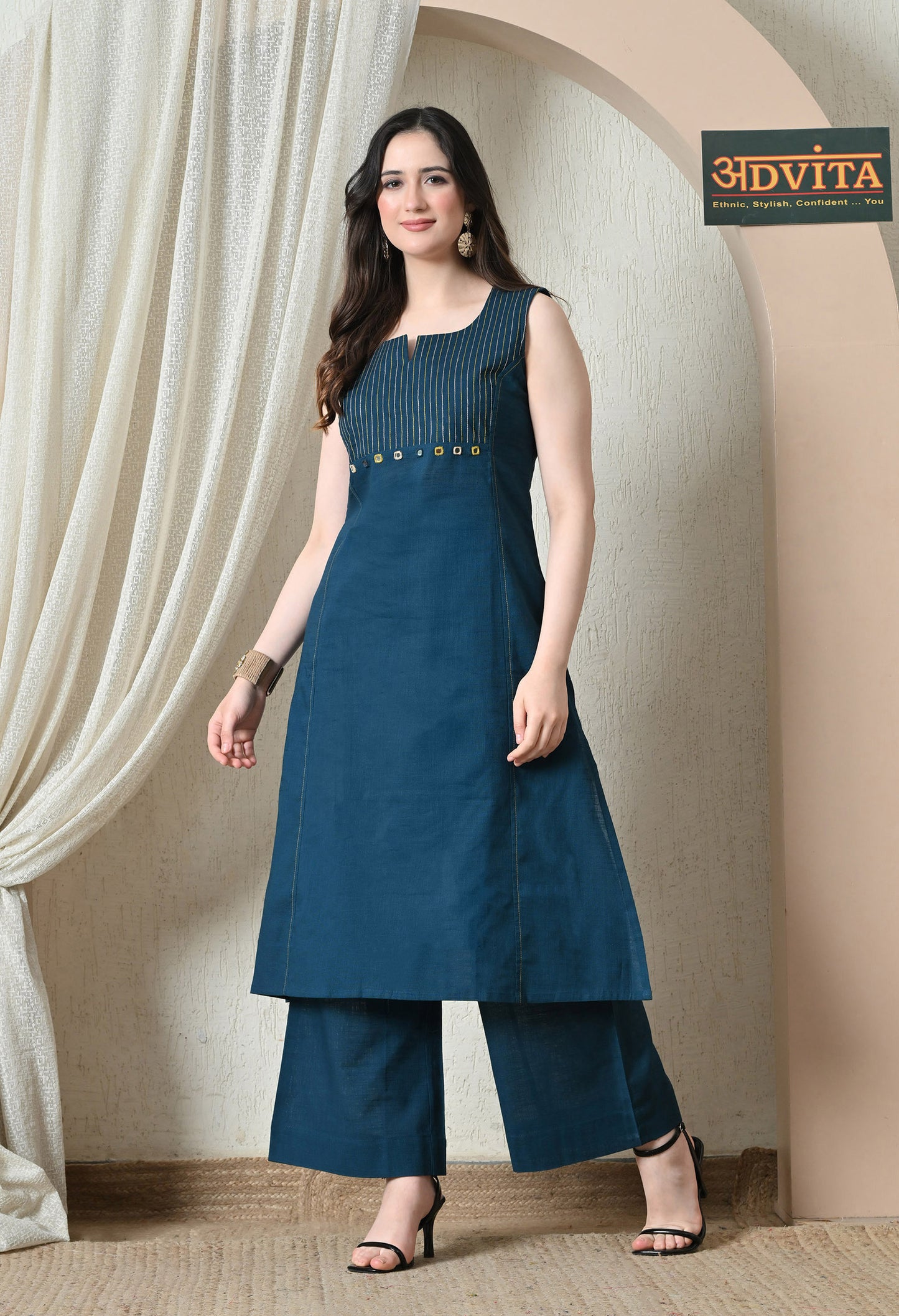 Advita Teal Mirror Work Pure Cotton A-Line Kurta Set for Women