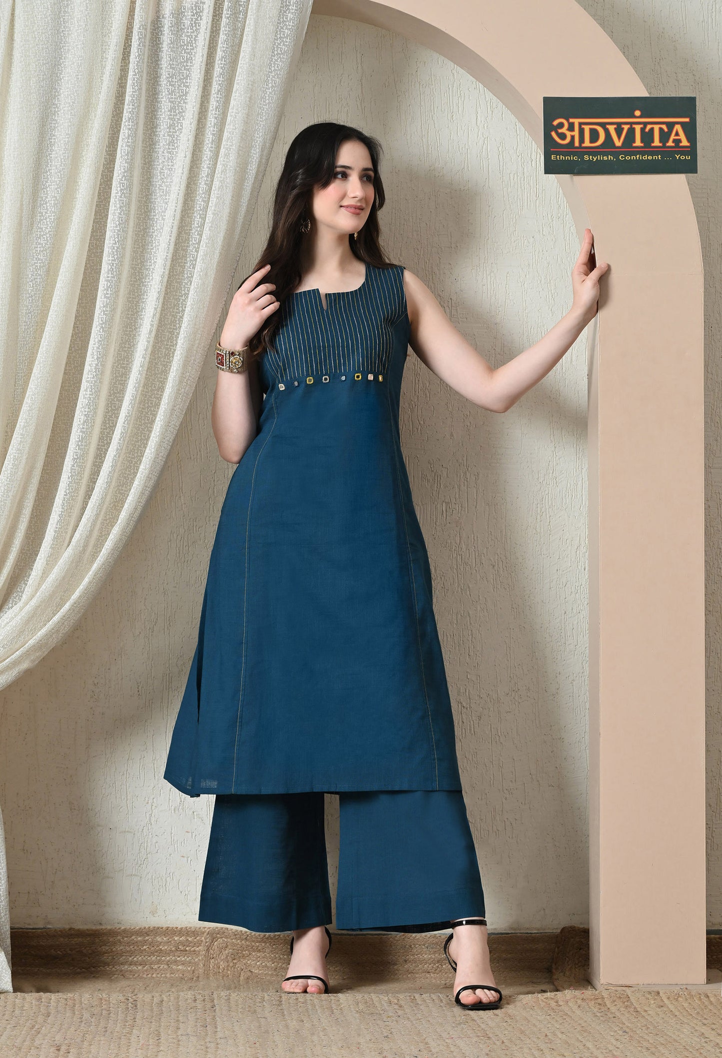 Advita Teal Mirror Work Pure Cotton A-Line Kurta Set for Women