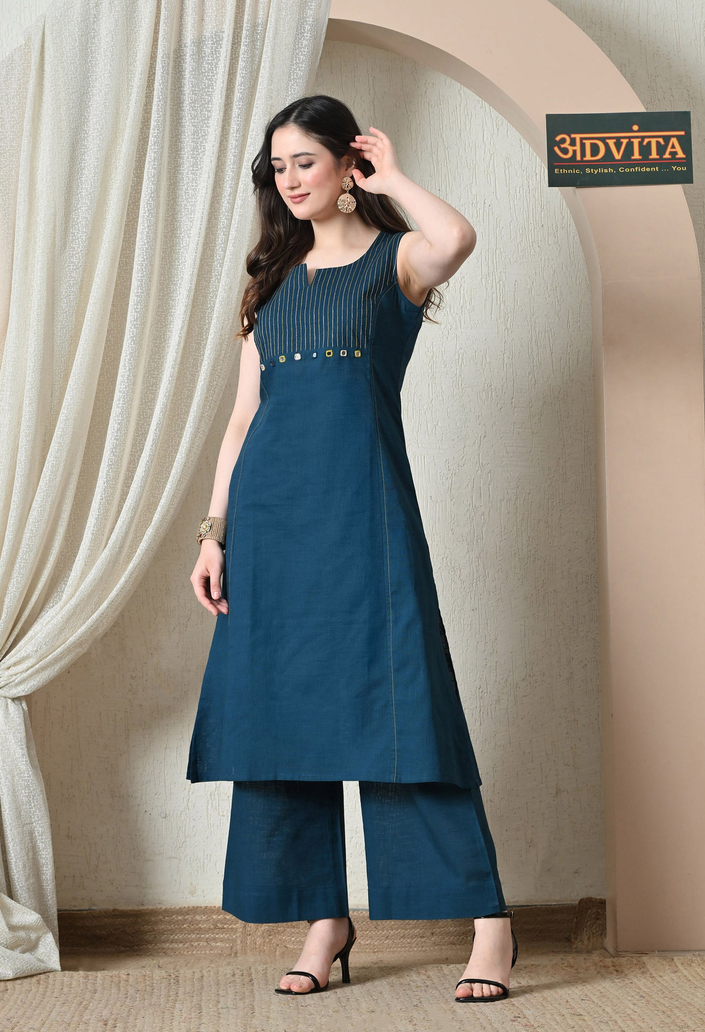 Advita Teal Mirror Work Pure Cotton A-Line Kurta Set for Women