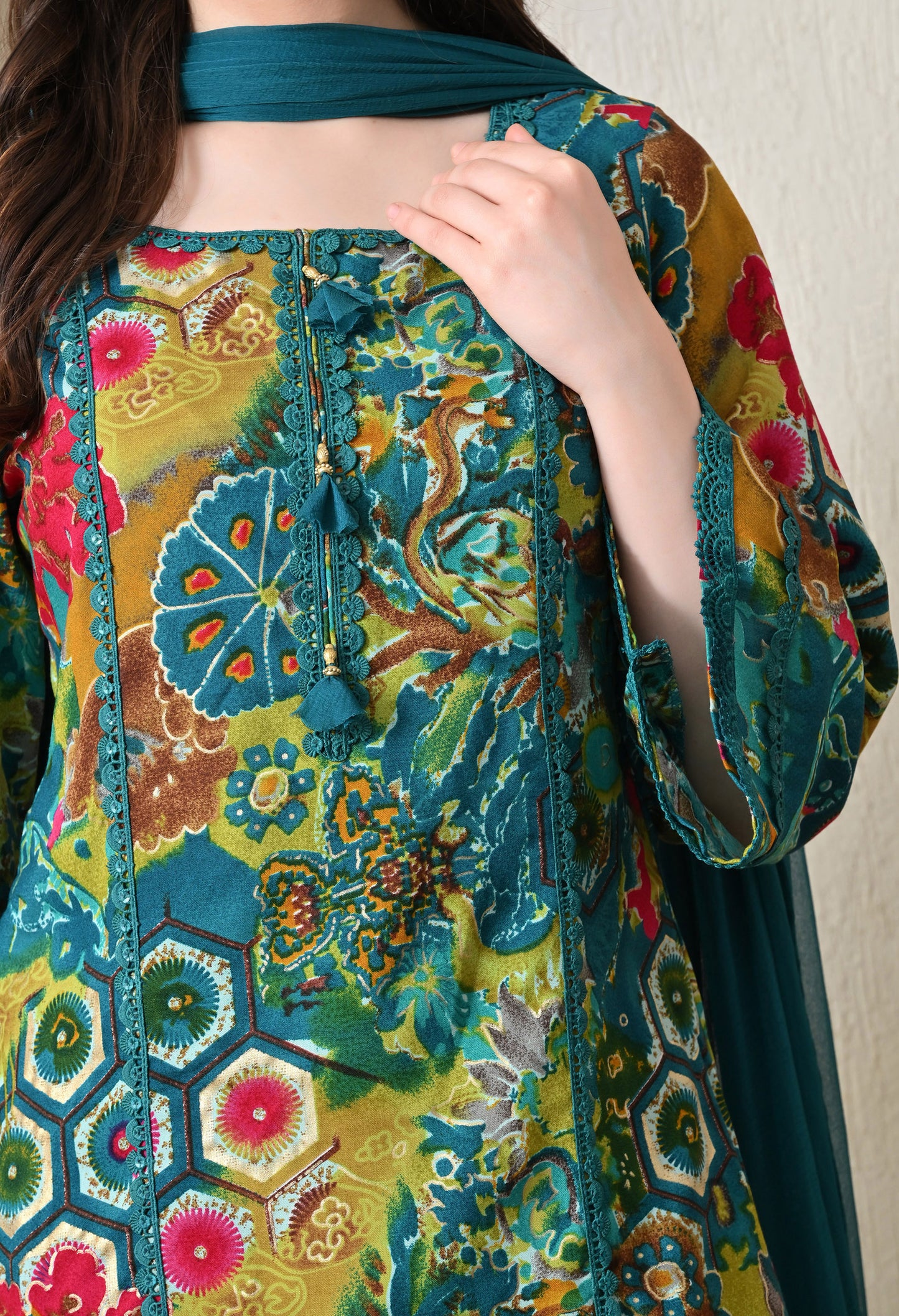 Advita Teal Multicolor Floral Print Rayon Cotton Farsi Salwar Suit for women – view 3