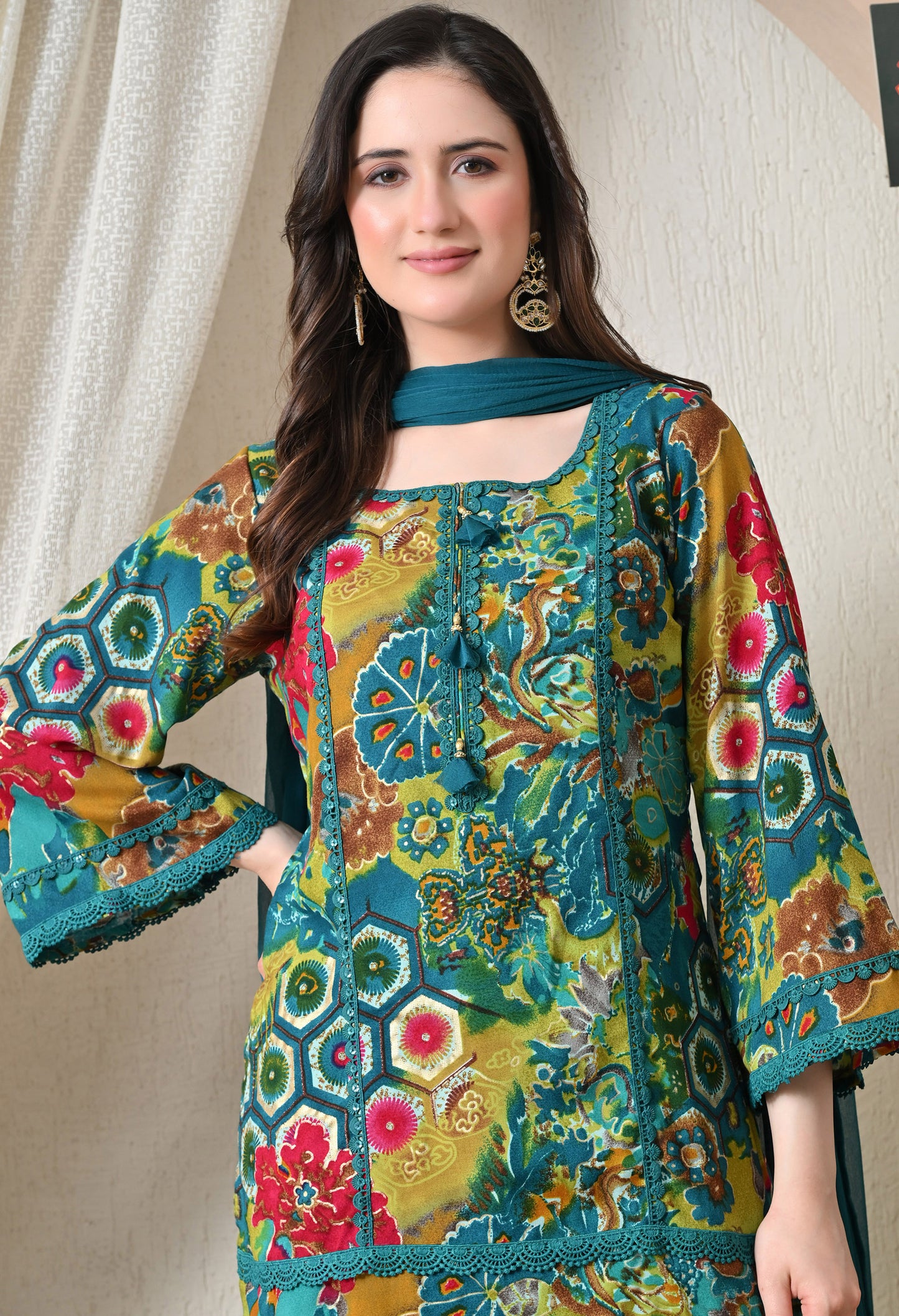 Advita Teal Multicolor Floral Print Rayon Cotton Farsi Salwar Suit for women – view 4