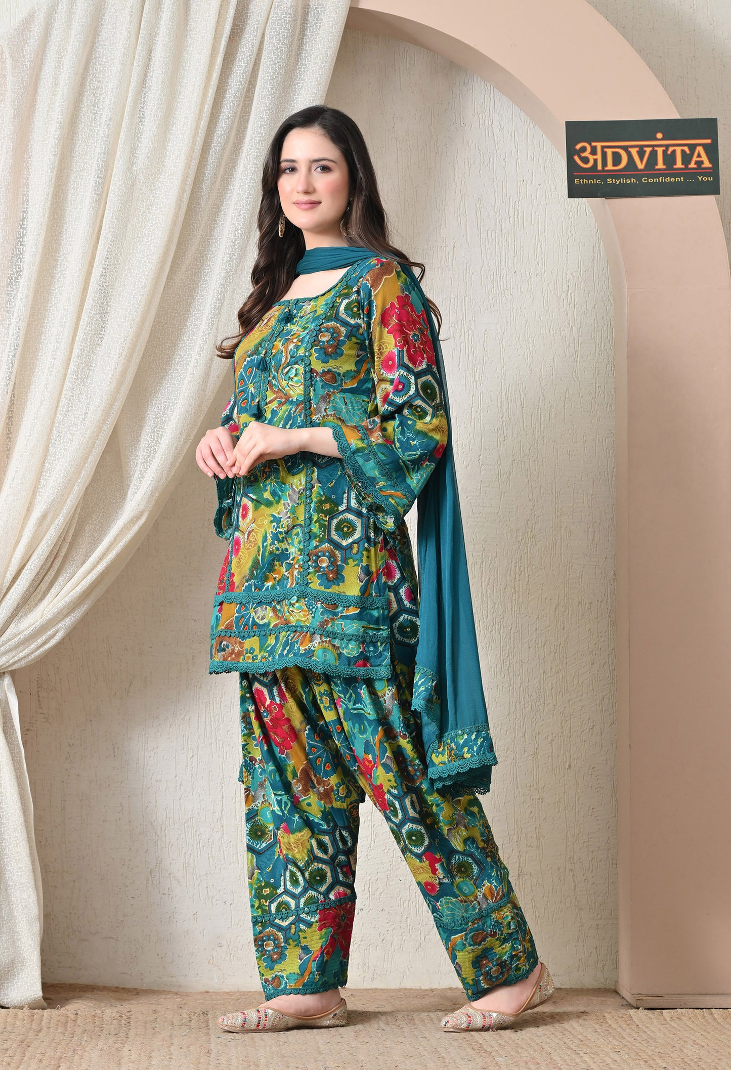 Advita Teal Multicolor Floral Print Rayon Cotton Farsi Salwar Suit for women – view 2