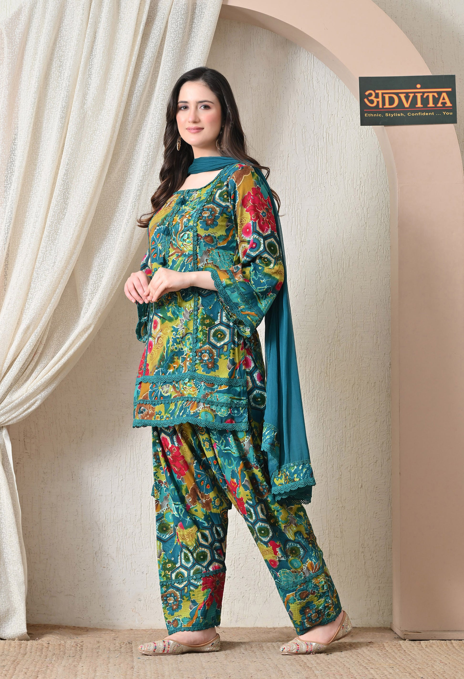 Advita Teal Multicolor Floral Print Rayon Cotton Farsi Salwar Suit for women – view 2