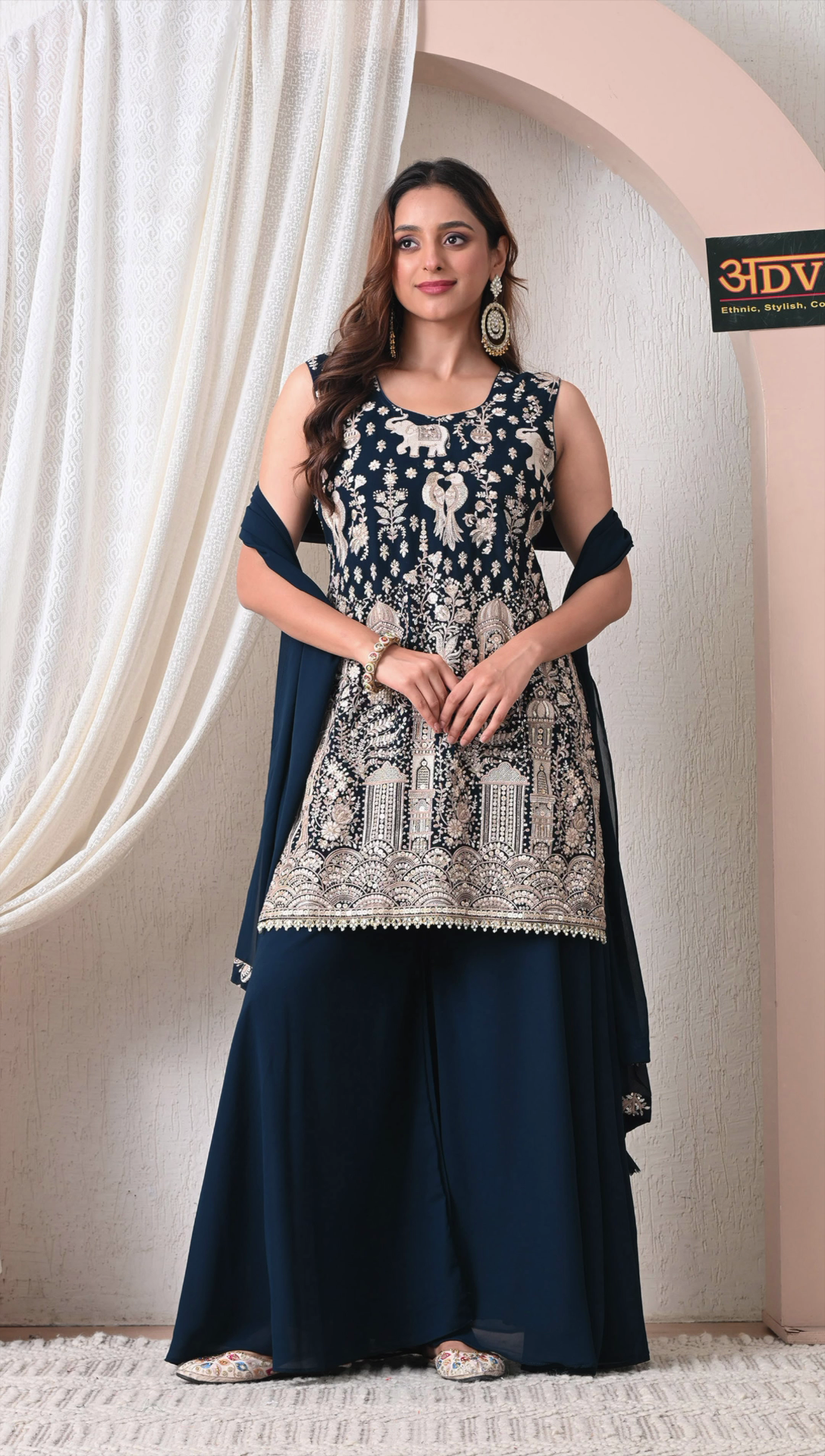 Women's embroidered georgette sharara set full outfit look