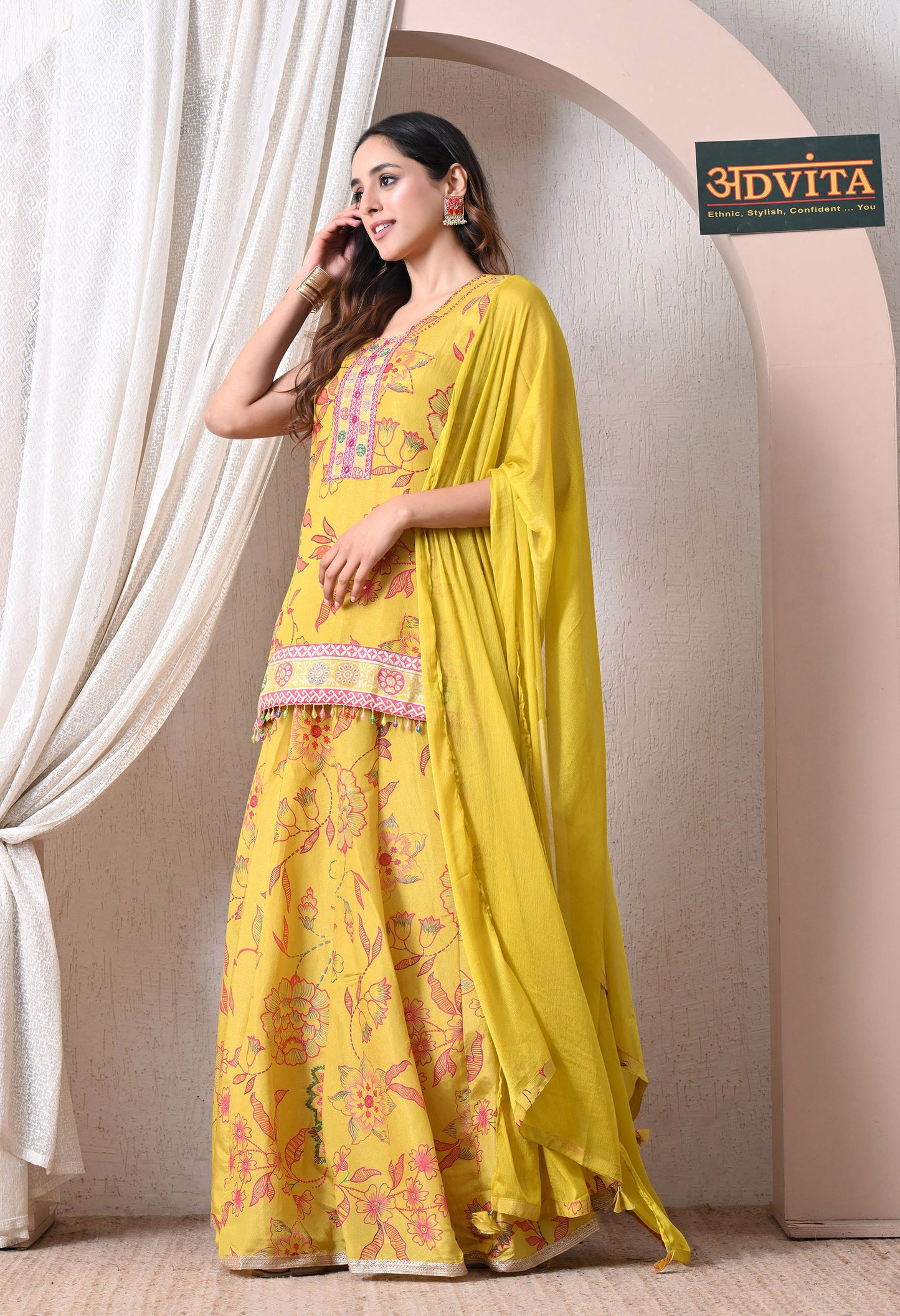 Advita Yellow Chinon Floral Print Kurti Skirt Set with Dupatta for Women