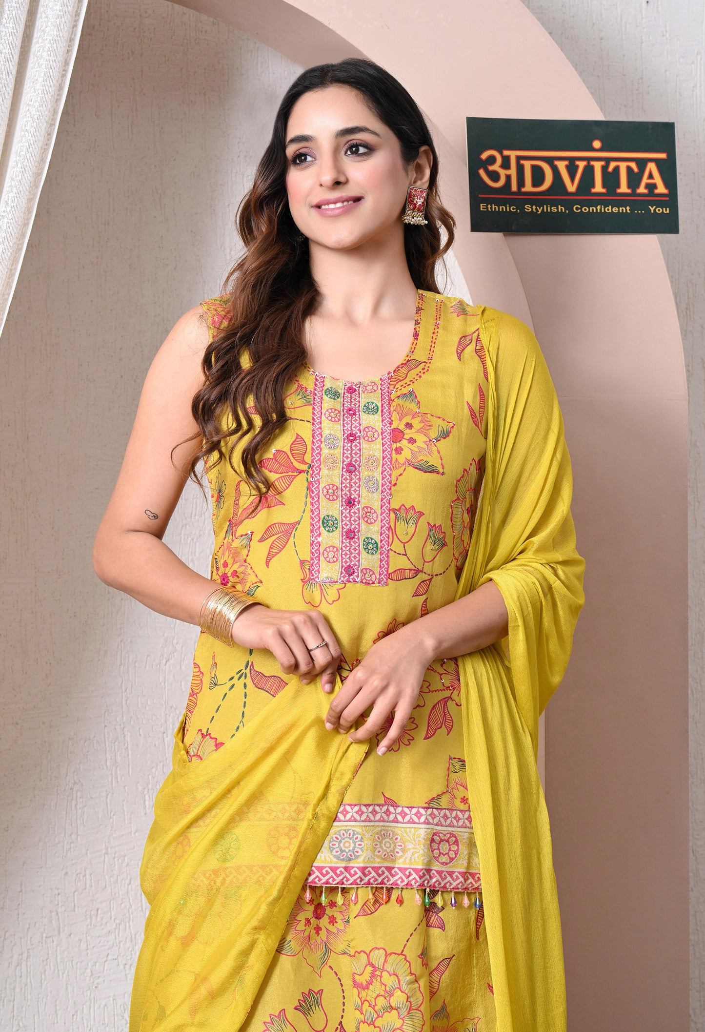 Advita Yellow Chinon Floral Print Kurti Skirt Set with Dupatta for Women