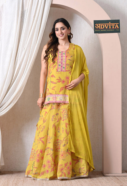Advita Yellow Chinon Floral Print Kurti Skirt Set with Dupatta for Women
